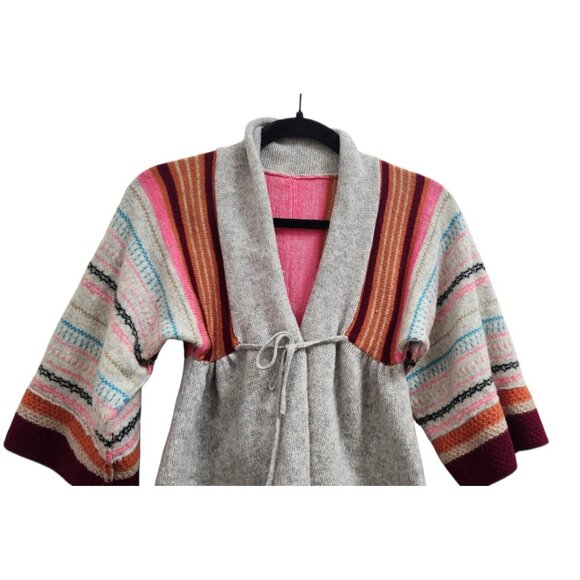 Vtg Y2k Free People Cardigan Sweater S Stripe Pink Red Turquoise Kimono Open - Picture 4 of 11